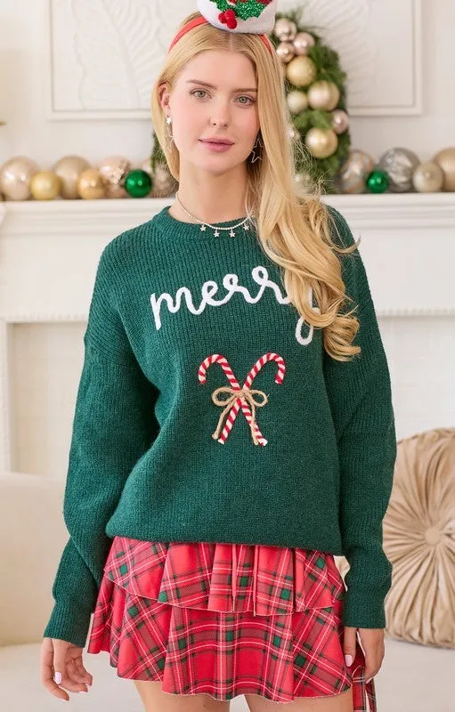 Merry Embroidered Long Sleeve Candy Cane Holiday Sweater