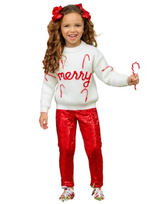 Merry Knit Sweater And Red Dazzling Sequin Pant Set