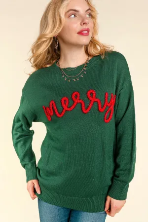 'Merry' Pop-Up Letter Knit Pullover - Green