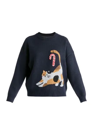 Navy Christmas Jumper With Cat and Candy Cane