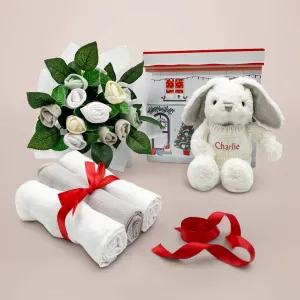 New Baby Christmas Welcome Hamper with Personalised Baby Bunny, Grey