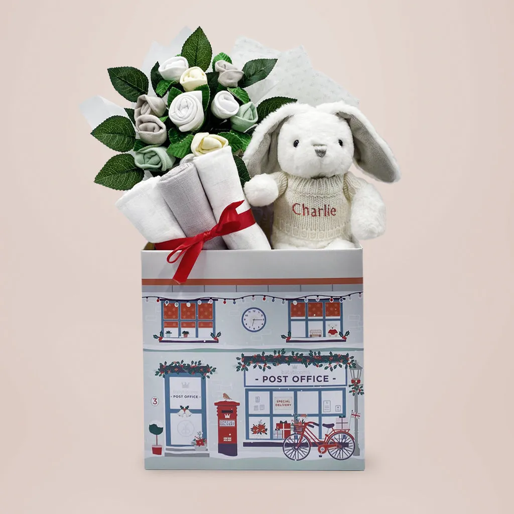 New Baby Christmas Welcome Hamper with Personalised Baby Bunny, Grey