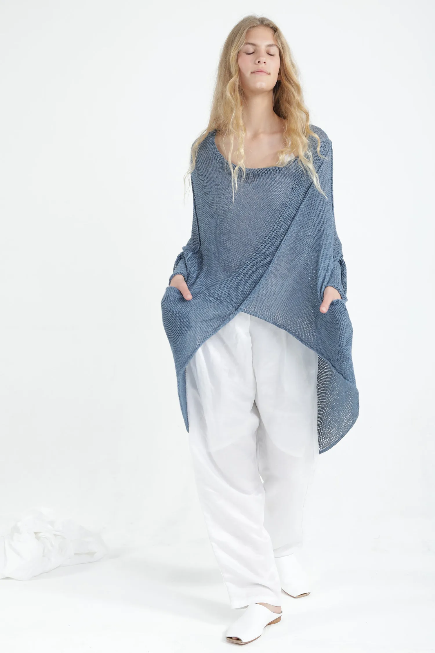 Peacock Blue Oversize T Light Sweater with Pockets