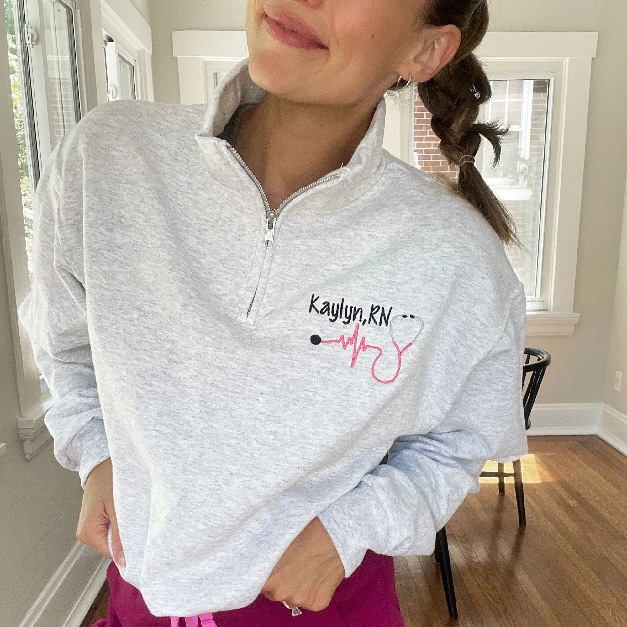 Personalized Nurse Jessie Quarter Zip Pullover with Heartbeat Stethoscope