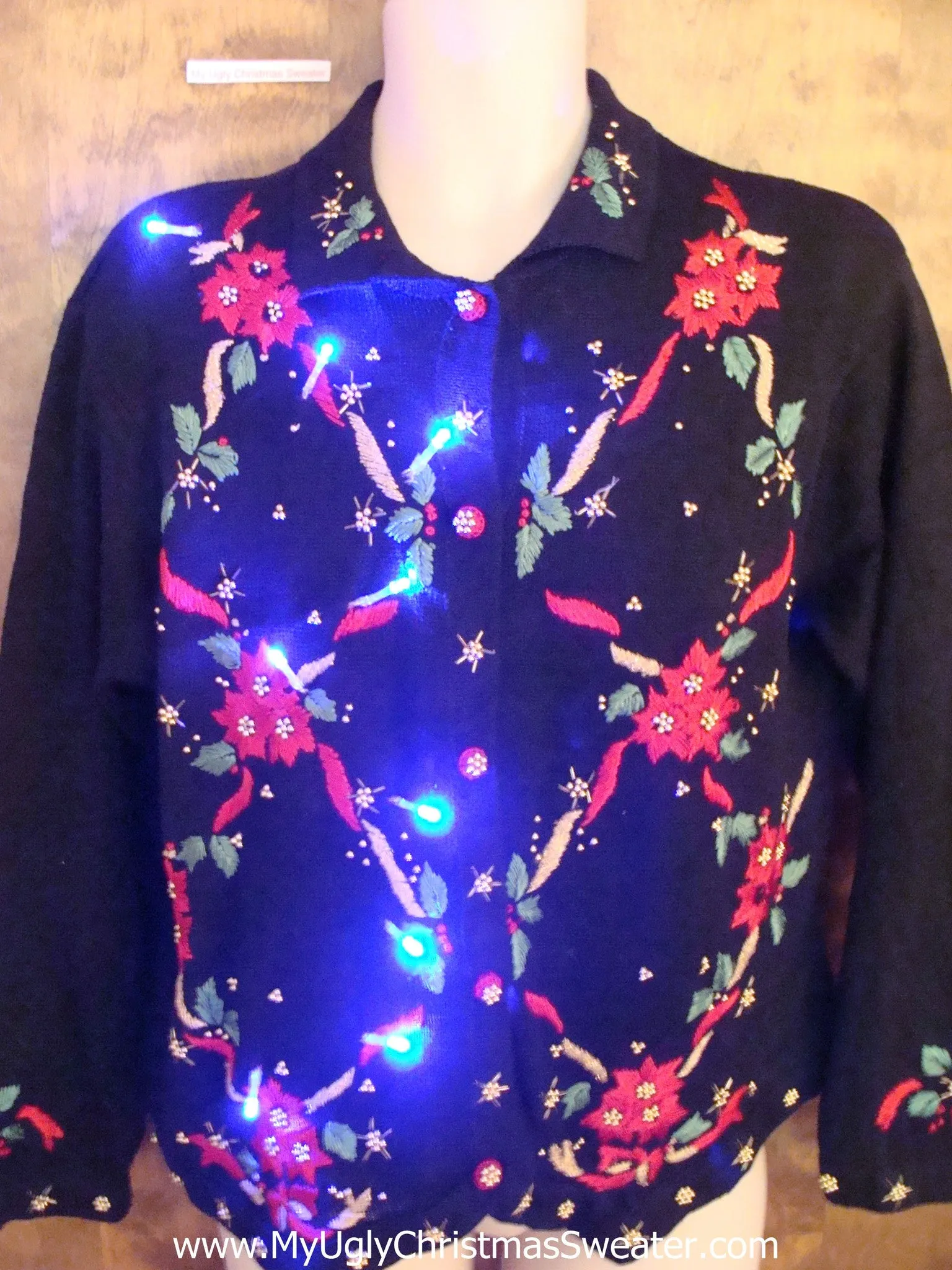 Poinsettia Grid Light Up Ugly Xmas Sweater