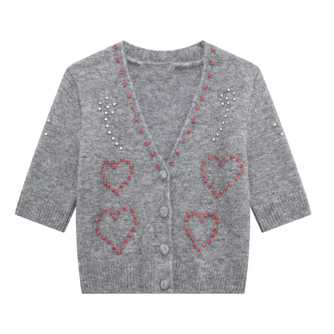 Pre Order: Beaded Casual V-Neck Loose Knit Cardigan