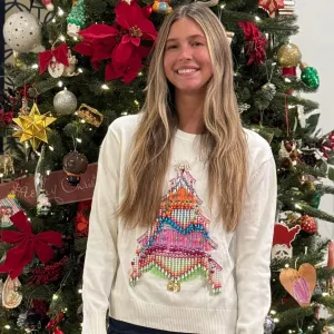 Queen of Sparkles Rainbow Pearl Christmas Tree White Sweater