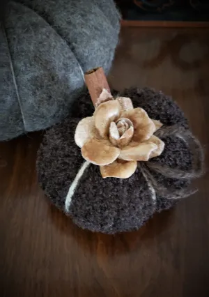 "Milk Chocolate" Brown Knit Pumpkin Pillow Pouf, Cinnamon Stick Stem