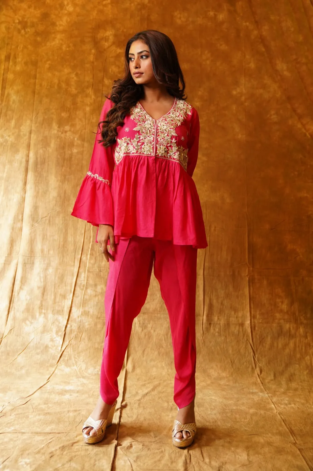 Rani Pink Festive Flair: Peplum Top & Overlap Dhoti Set