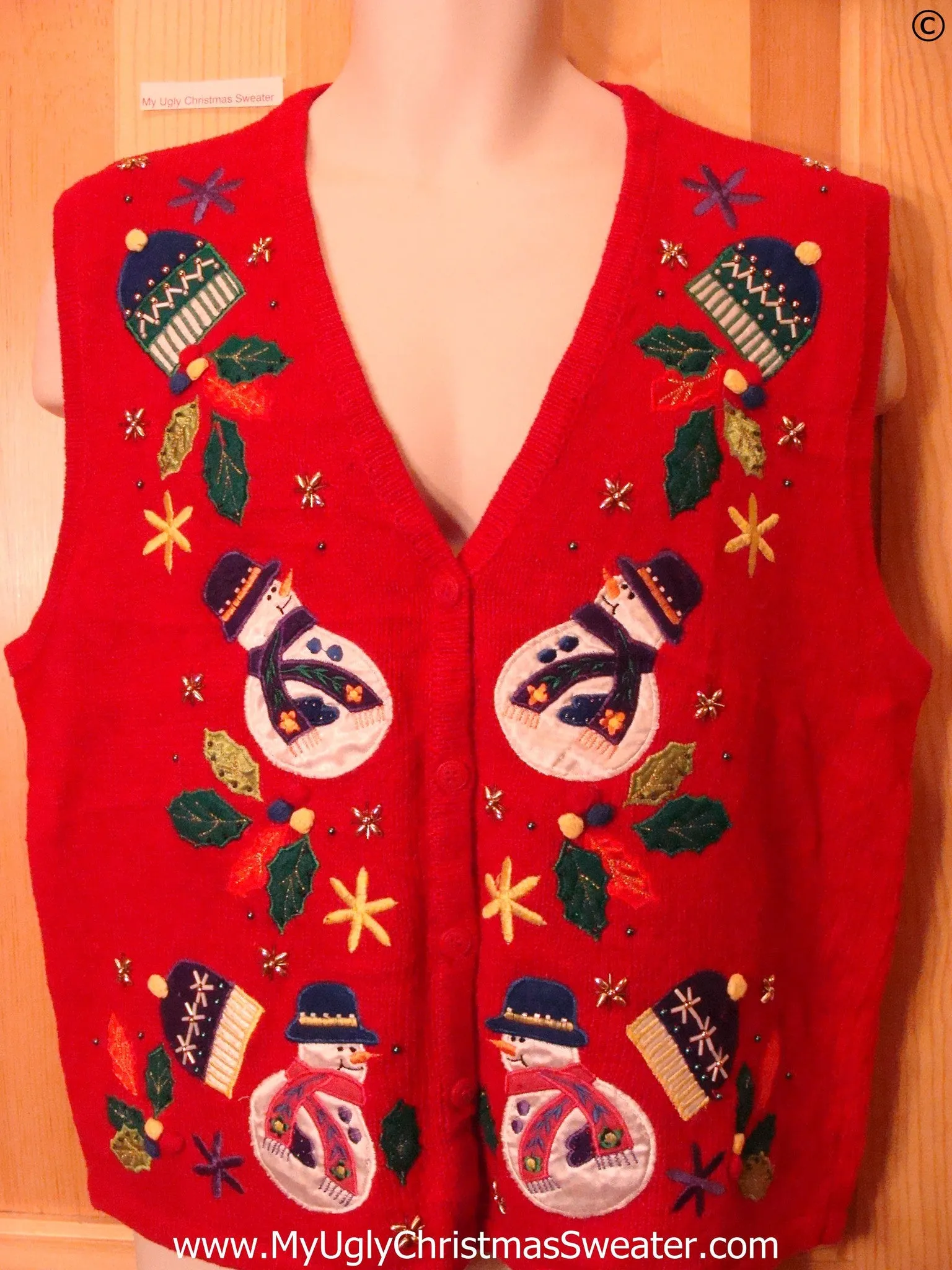 Red Cheap Christmas Sweater Vest Wobbly Snowmen