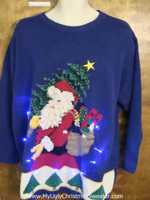 Santa Carrying Tree Blue Light Up Ugly Xmas Sweater