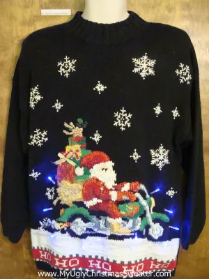 Santa on a Motorcycle Best 80s Light Up Ugly Xmas Sweater