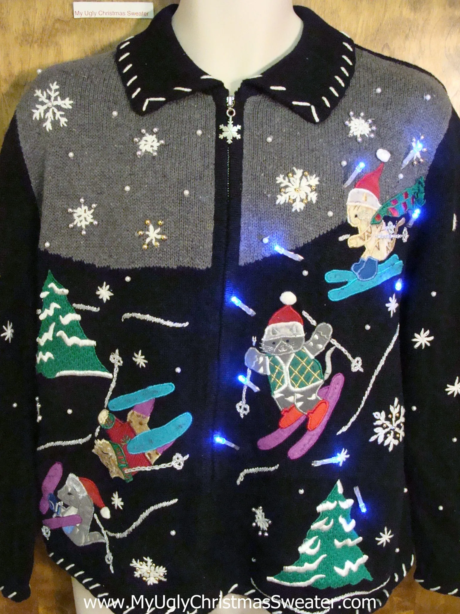 Ski Party with Bears Light Up Ugly Xmas Sweater