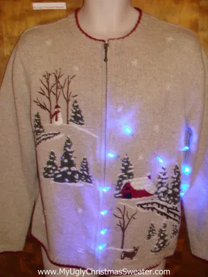 Snowy Cozy Red Barn Light Up Ugly Xmas Sweater