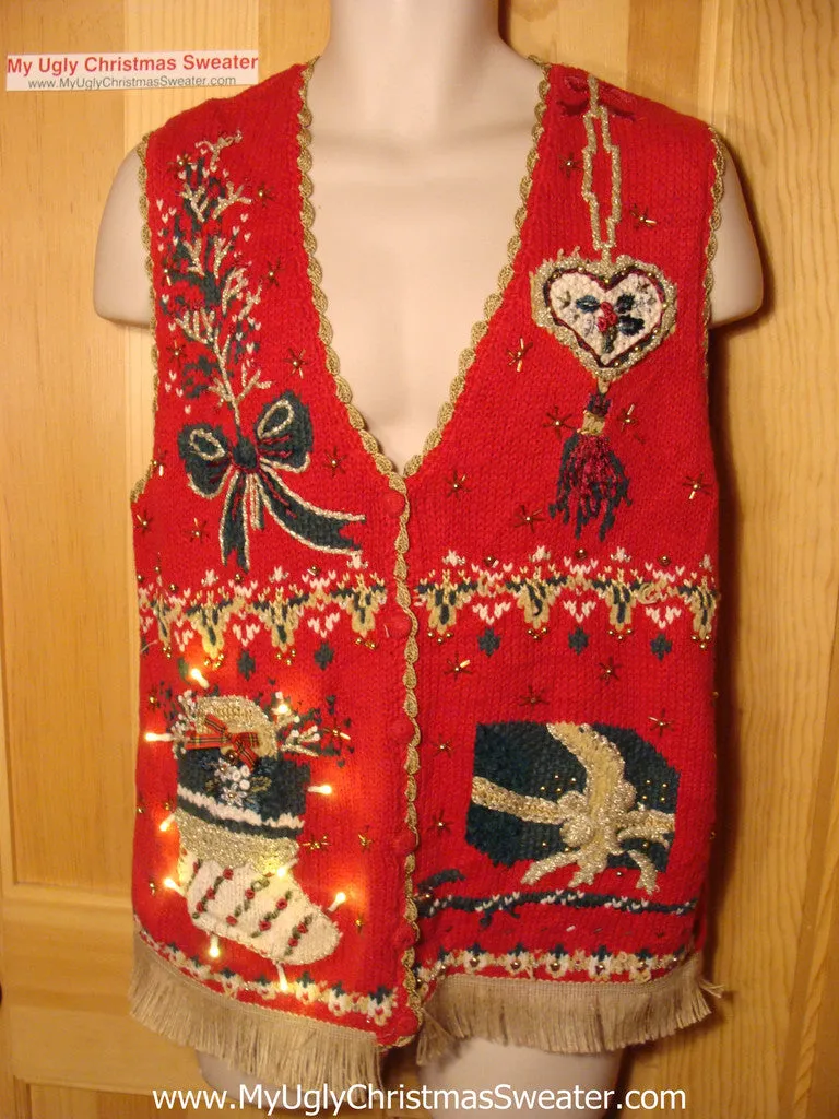 Tacky Ugly Christmas Sweater Vest with Lights and Fringe (g31)