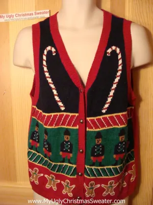 Tacky Ugly Christmas Sweater Vest with Nutcrackers and CandyCanes and Gingerbread Men (f140)