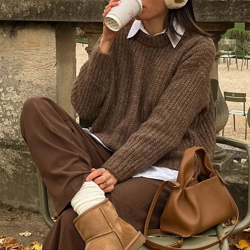 TAVIMART  -  Autumn Brown Round Neck Knitted Pullover Women Solid Chic Full Sleeve Loose Casual Sweater Warm Lady Commuting Street Knitwear ﻿