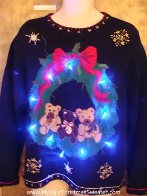 Teddy Bears in a Wreath Light Up Ugly Xmas Sweater