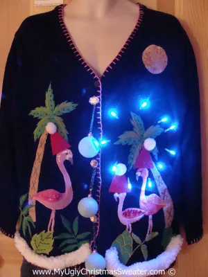 Tropical Themed 3D Ugly Christmas Sweater with Lights Flamingos Palm Trees(t5)