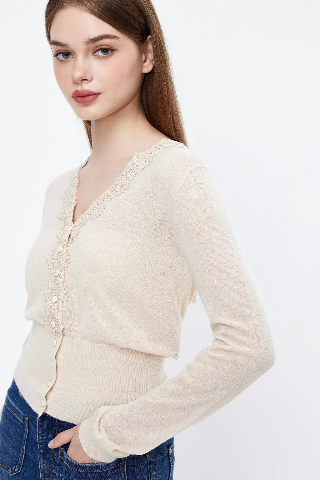 V-Neck Lace Slim Fit Wool Blend Knit Top