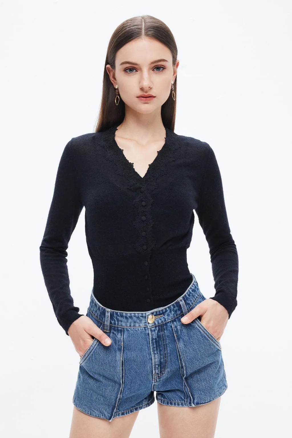 V-Neck Lace Slim Fit Wool Blend Knit Top