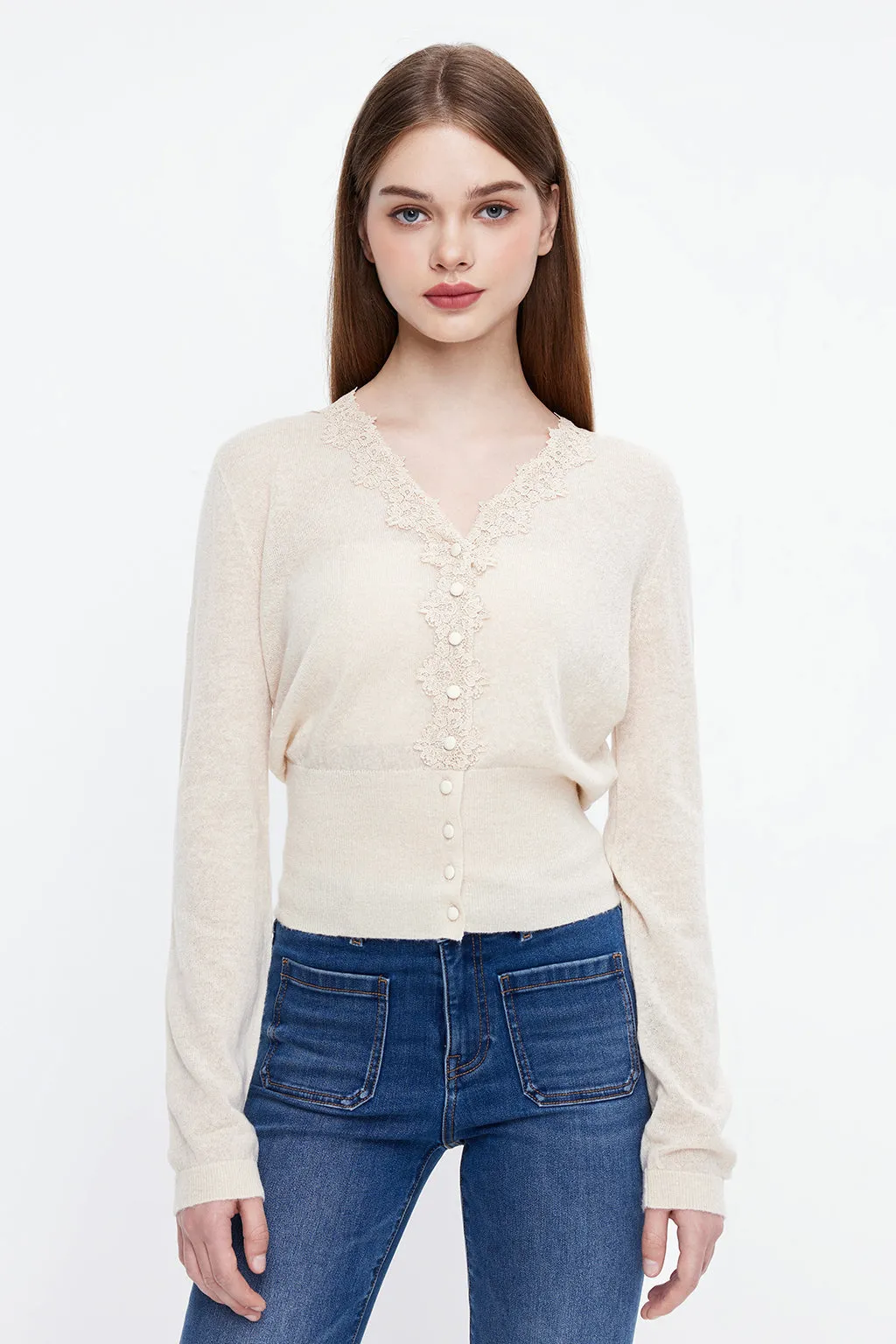 V-Neck Lace Slim Fit Wool Blend Knit Top