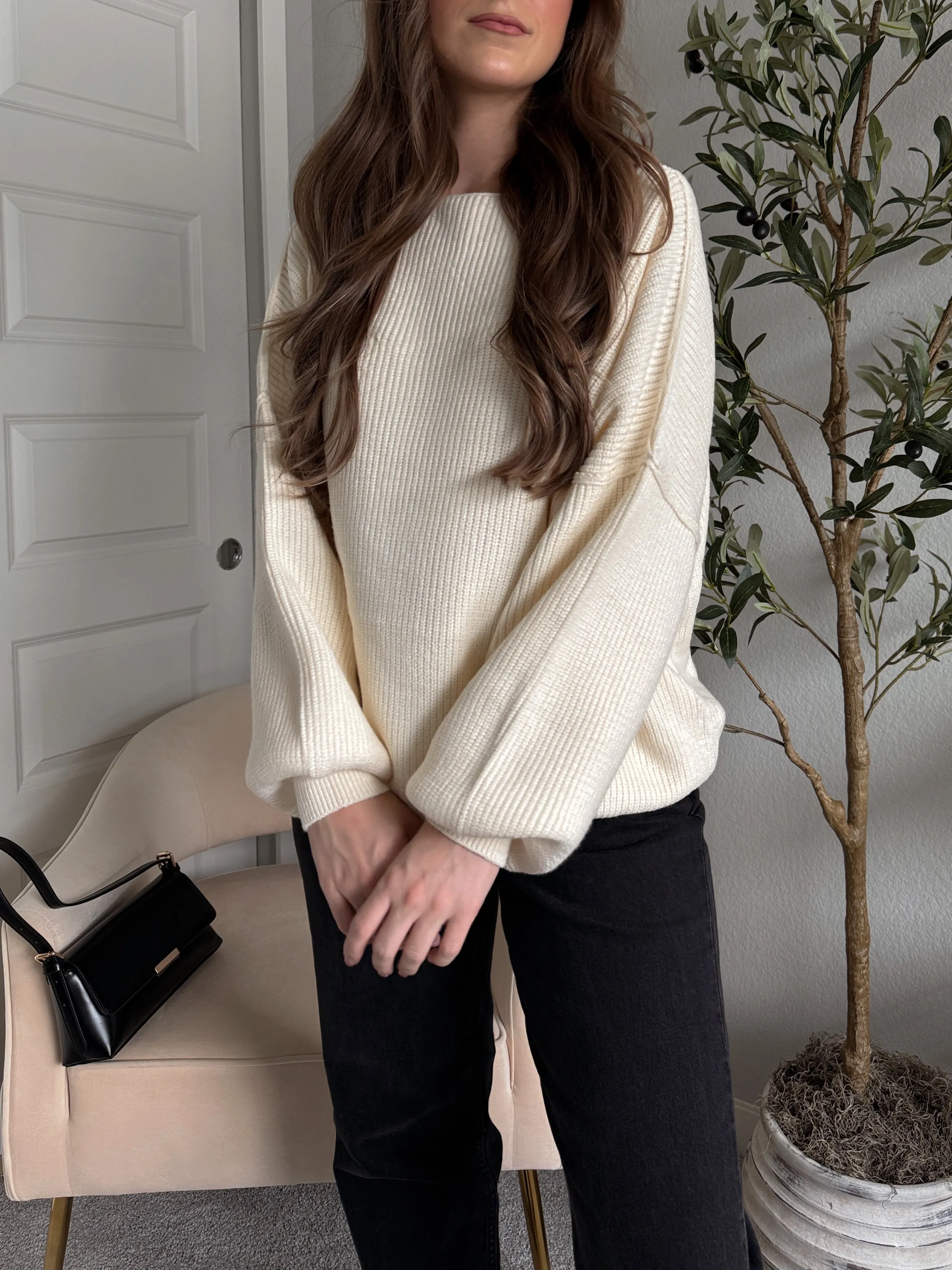 Vail Oversized Boat Neck Bubble Sleeve Sweater (Ivory)