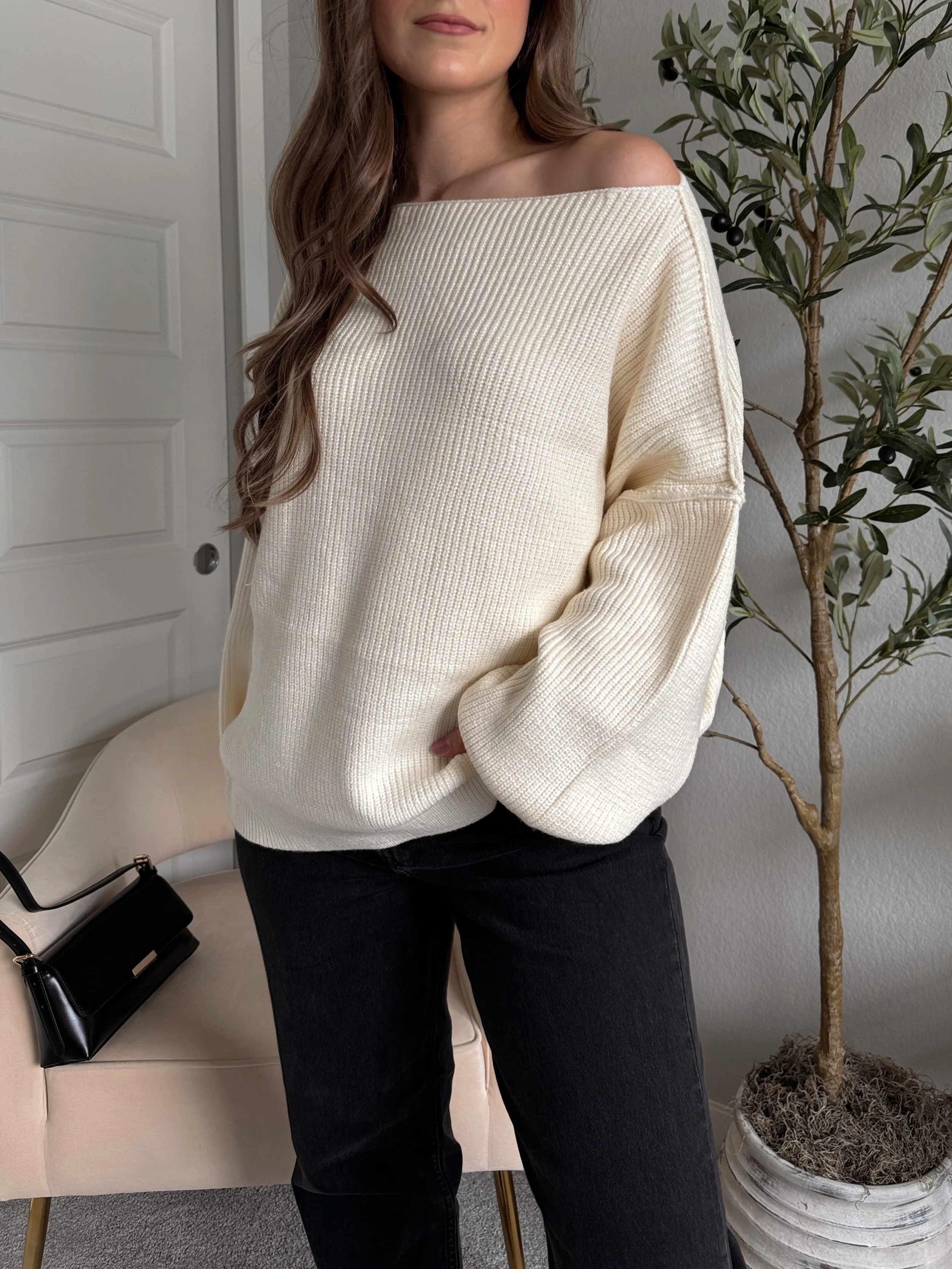 Vail Oversized Boat Neck Bubble Sleeve Sweater (Ivory)