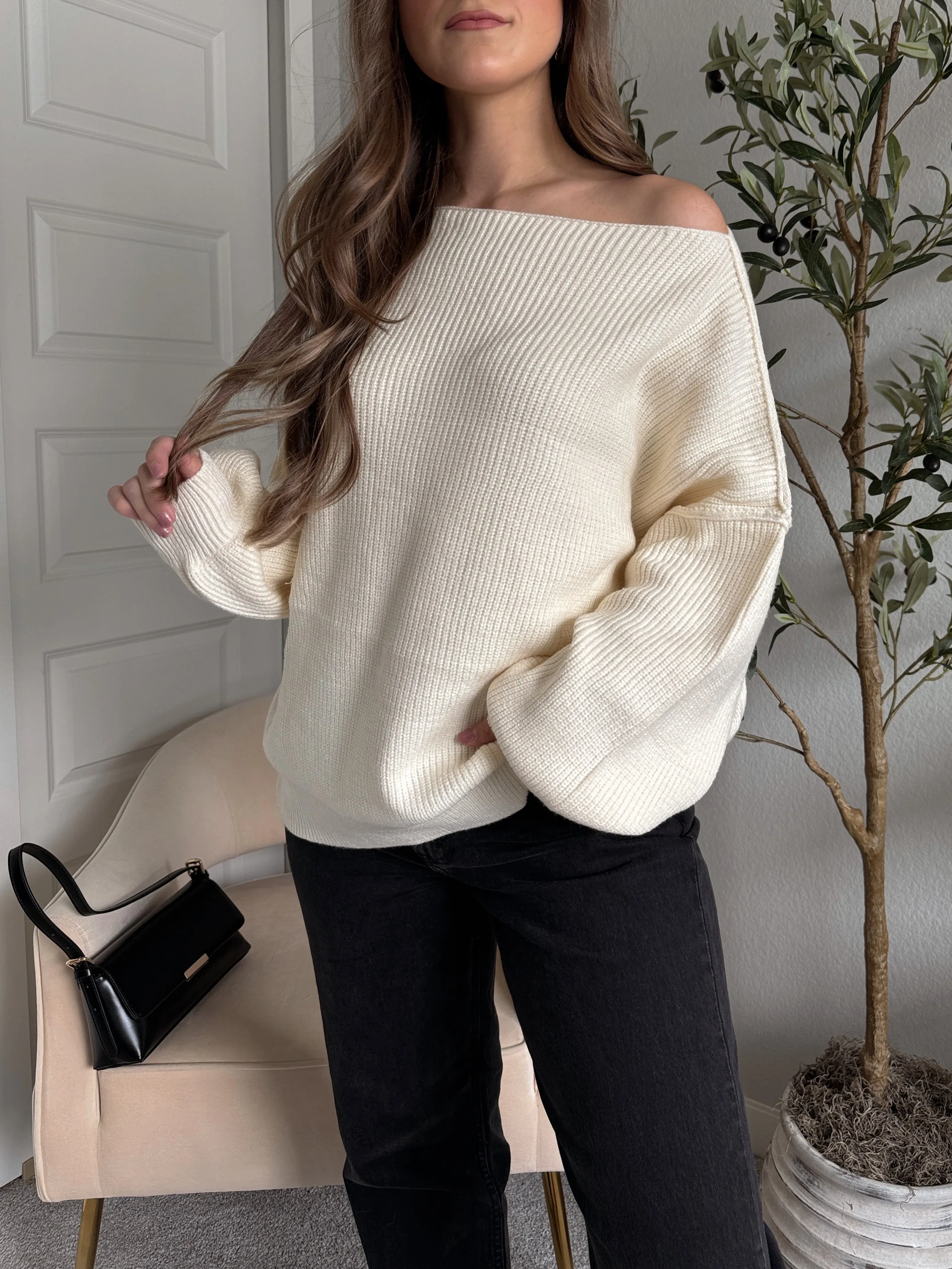 Vail Oversized Boat Neck Bubble Sleeve Sweater (Ivory)