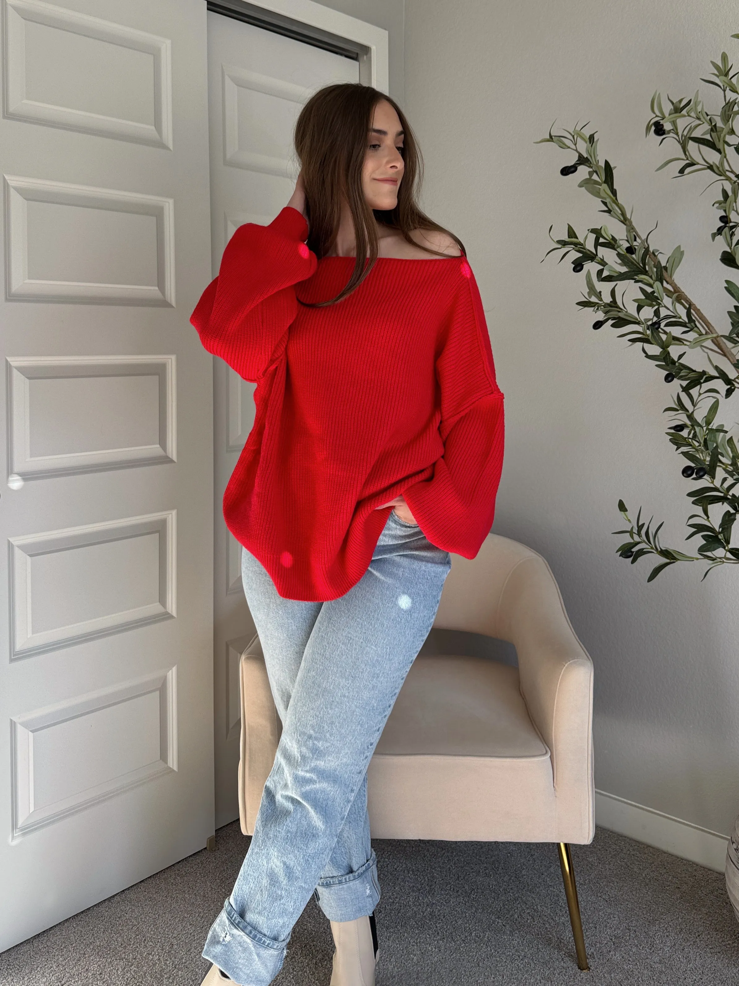 Vail Oversized Boat Neck Bubble Sleeve Sweater (Scarlet Red)