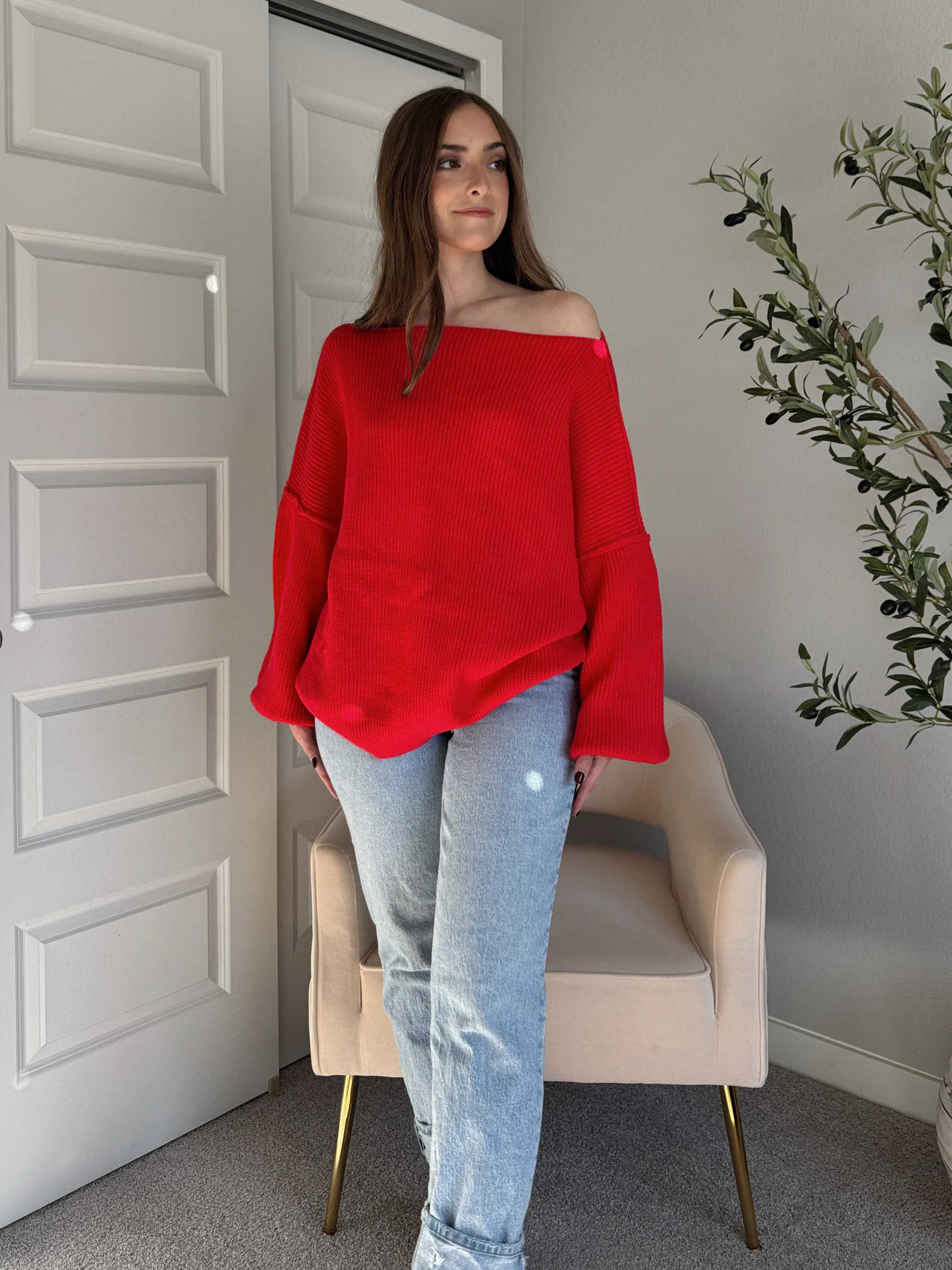 Vail Oversized Boat Neck Bubble Sleeve Sweater (Scarlet Red)