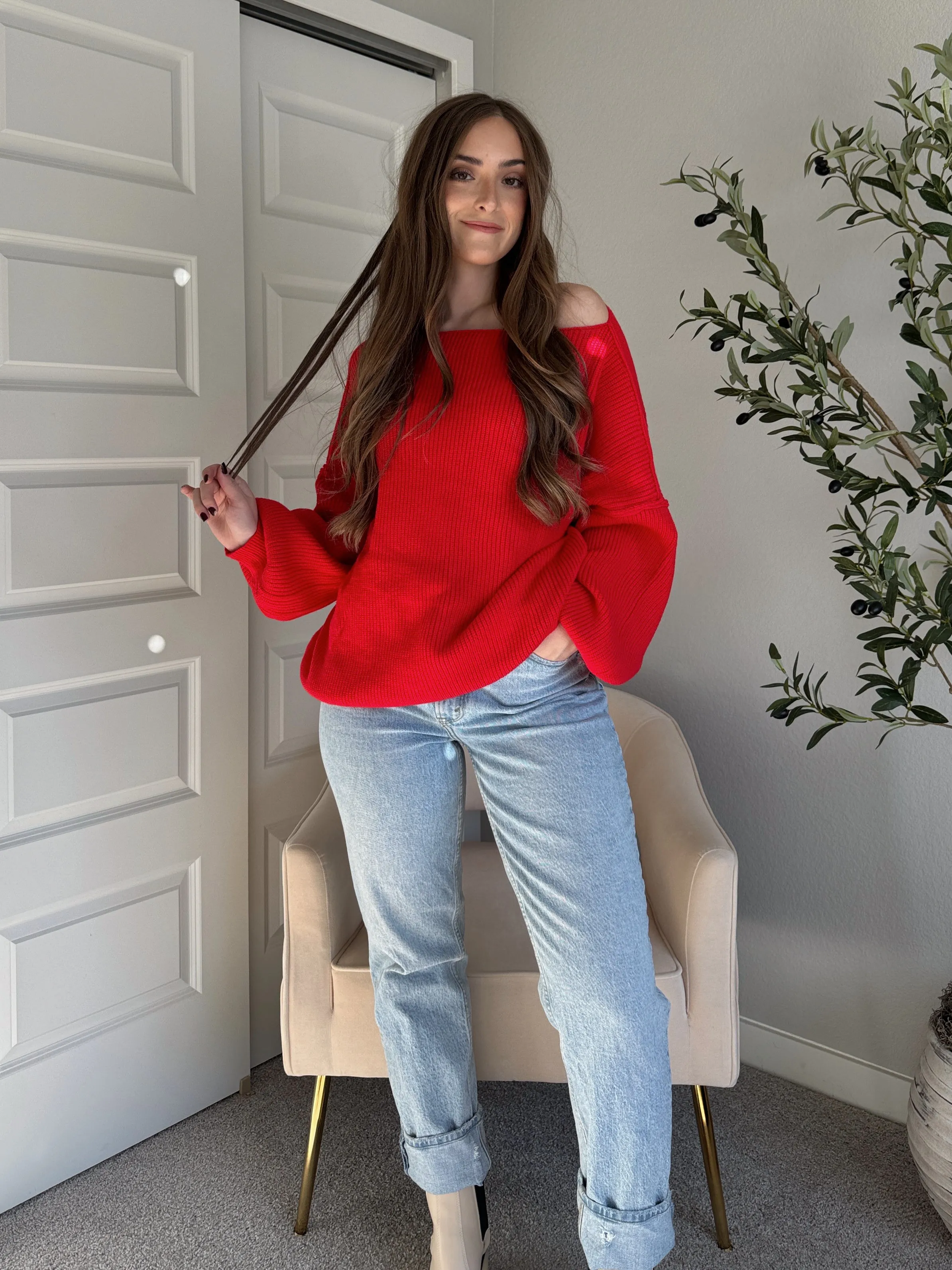 Vail Oversized Boat Neck Bubble Sleeve Sweater (Scarlet Red)