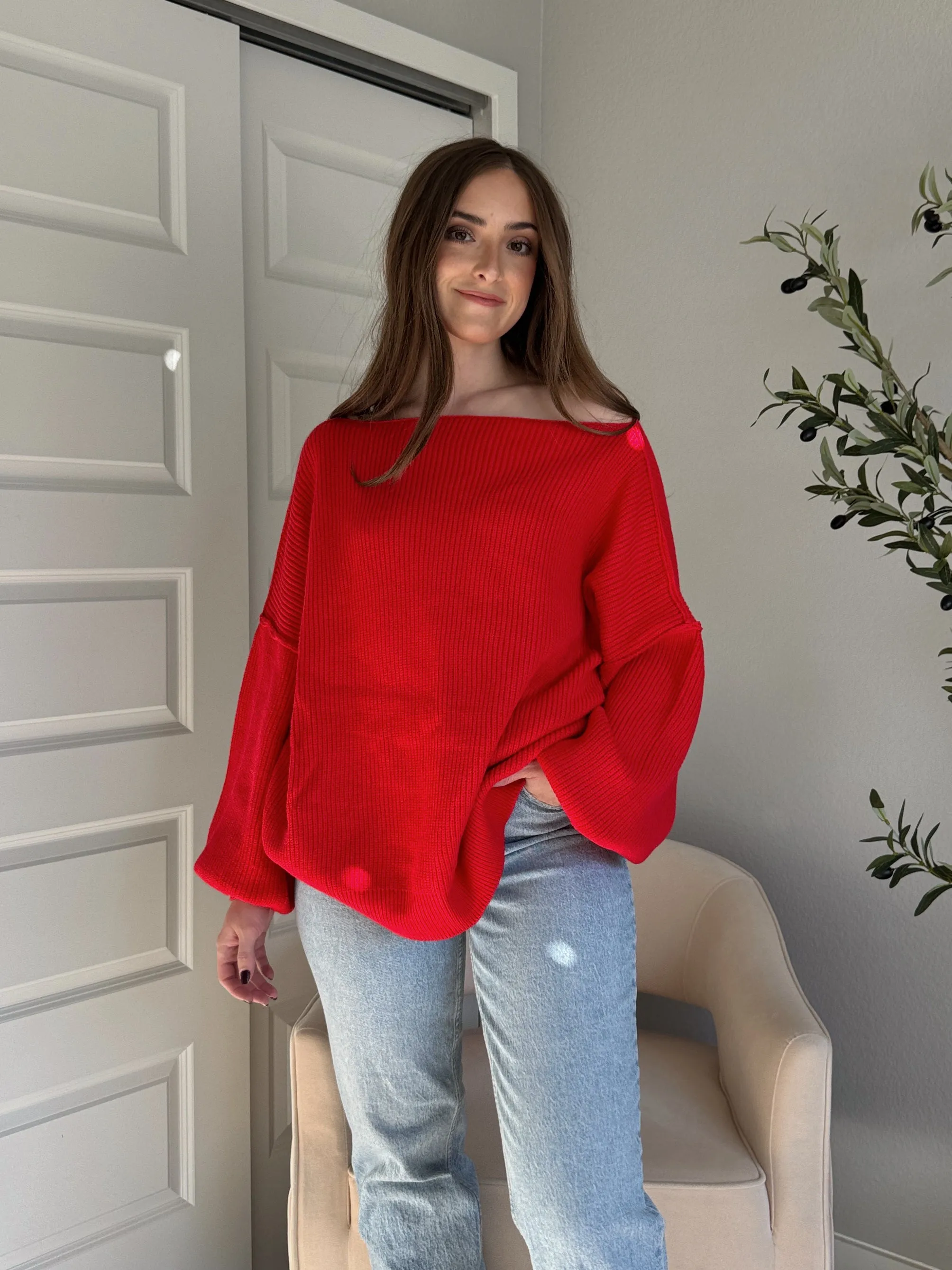 Vail Oversized Boat Neck Bubble Sleeve Sweater (Scarlet Red)