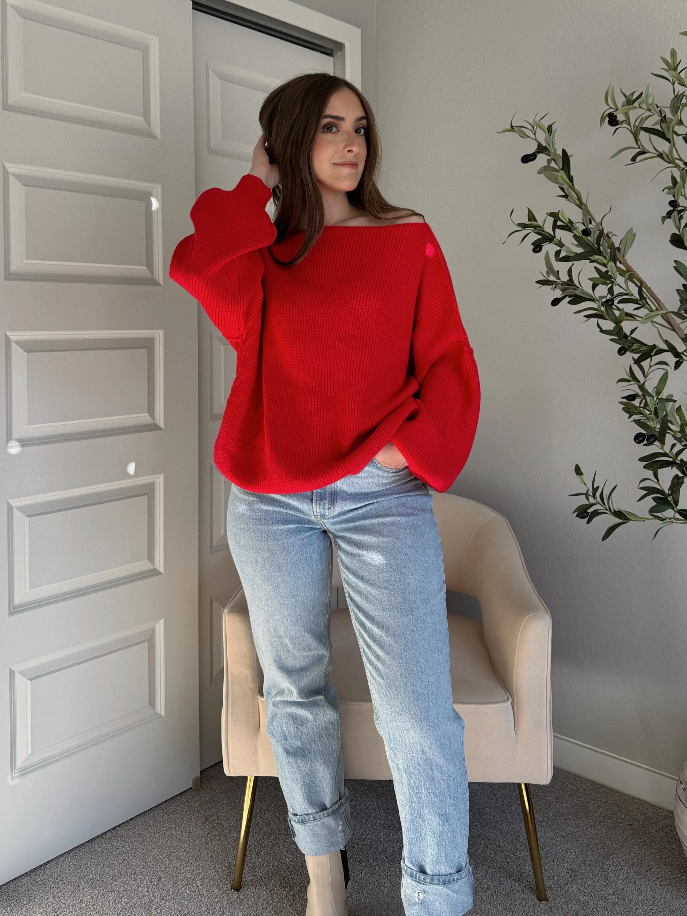 Vail Oversized Boat Neck Bubble Sleeve Sweater (Scarlet Red)