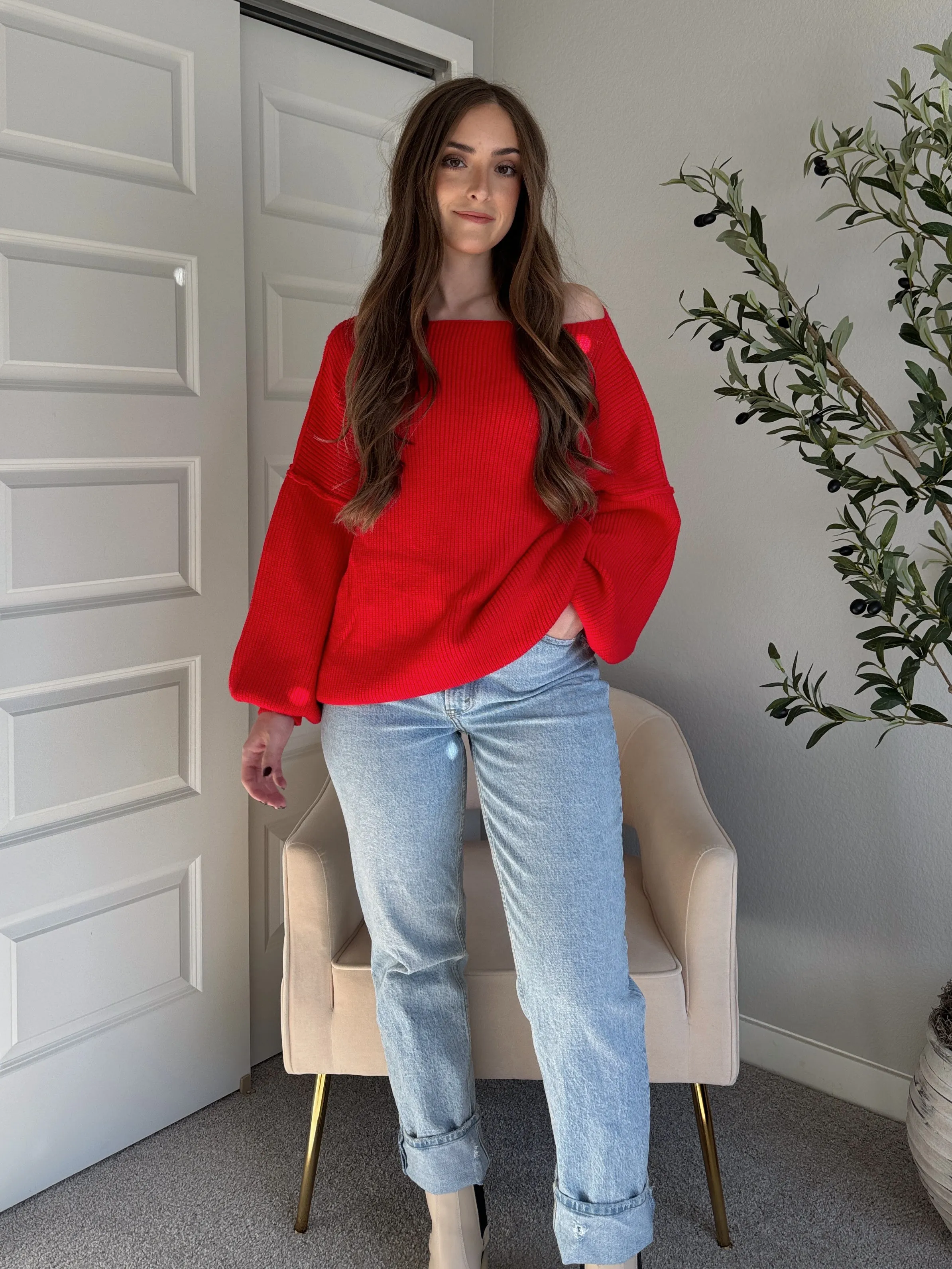 Vail Oversized Boat Neck Bubble Sleeve Sweater (Scarlet Red)