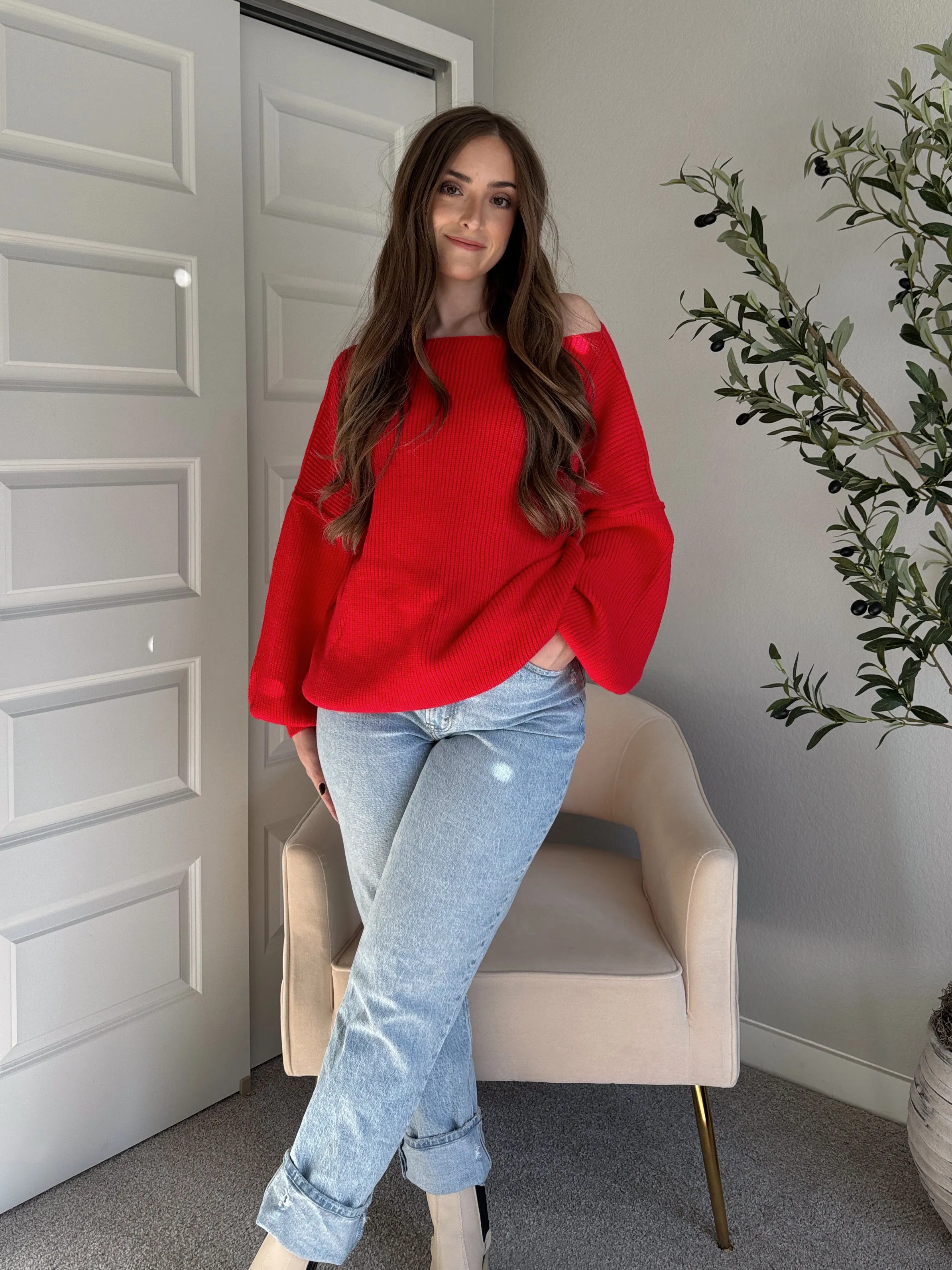 Vail Oversized Boat Neck Bubble Sleeve Sweater (Scarlet Red)