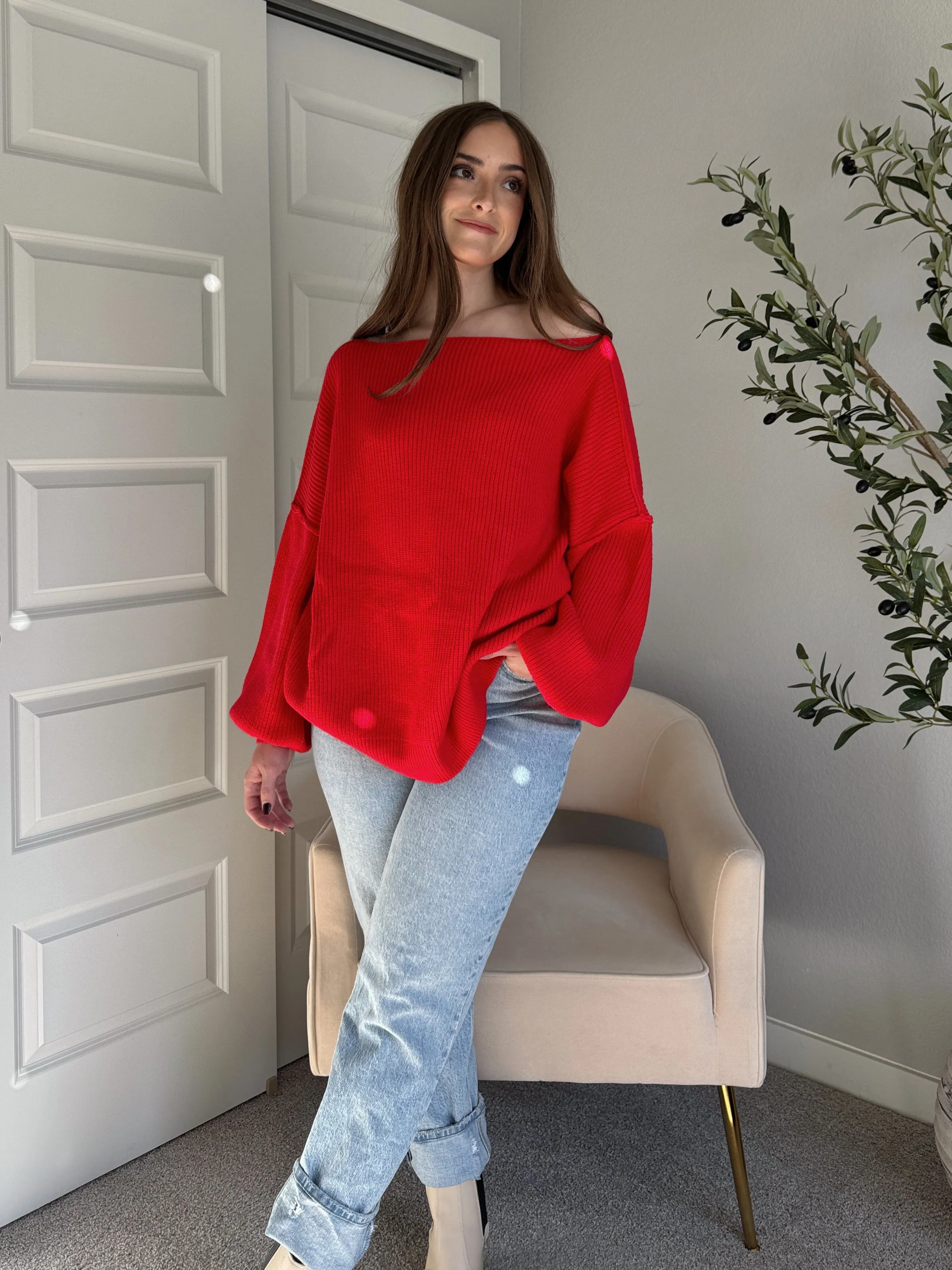 Vail Oversized Boat Neck Bubble Sleeve Sweater (Scarlet Red)