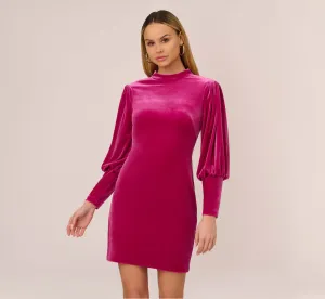 Velvet Short Sheath Cocktail Dress With Mutton Sleeves In Hot Pink