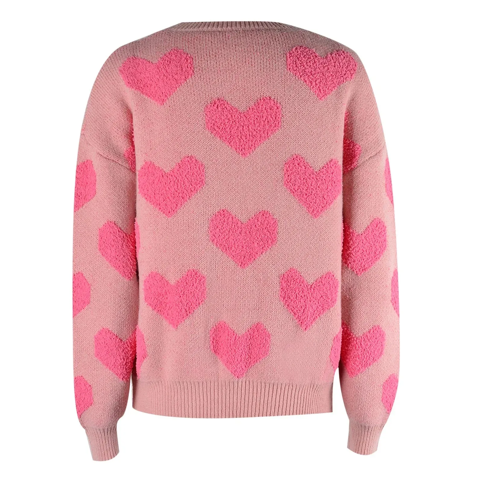 Wenkouban-Christmas Thanksgiving outfits_Casual Cozy Loose Pink Heart Pattern Comfortable Long Sleeve Fashionable Sweater