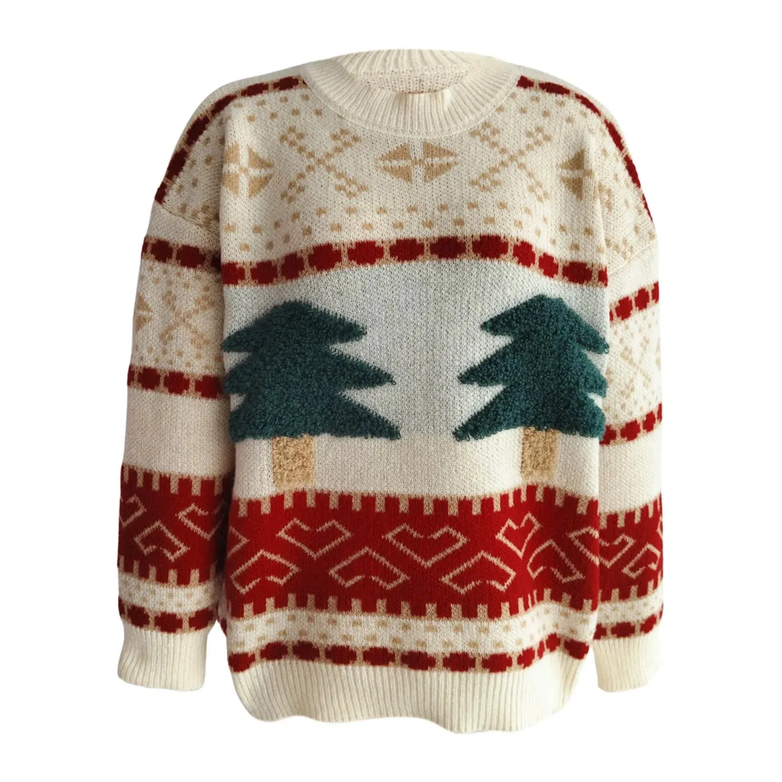 Wenkouban-Christmas Thanksgiving outfits_Fashion Tree Embroidery Casual Loose Retro Green Christmas Christmas Sweater