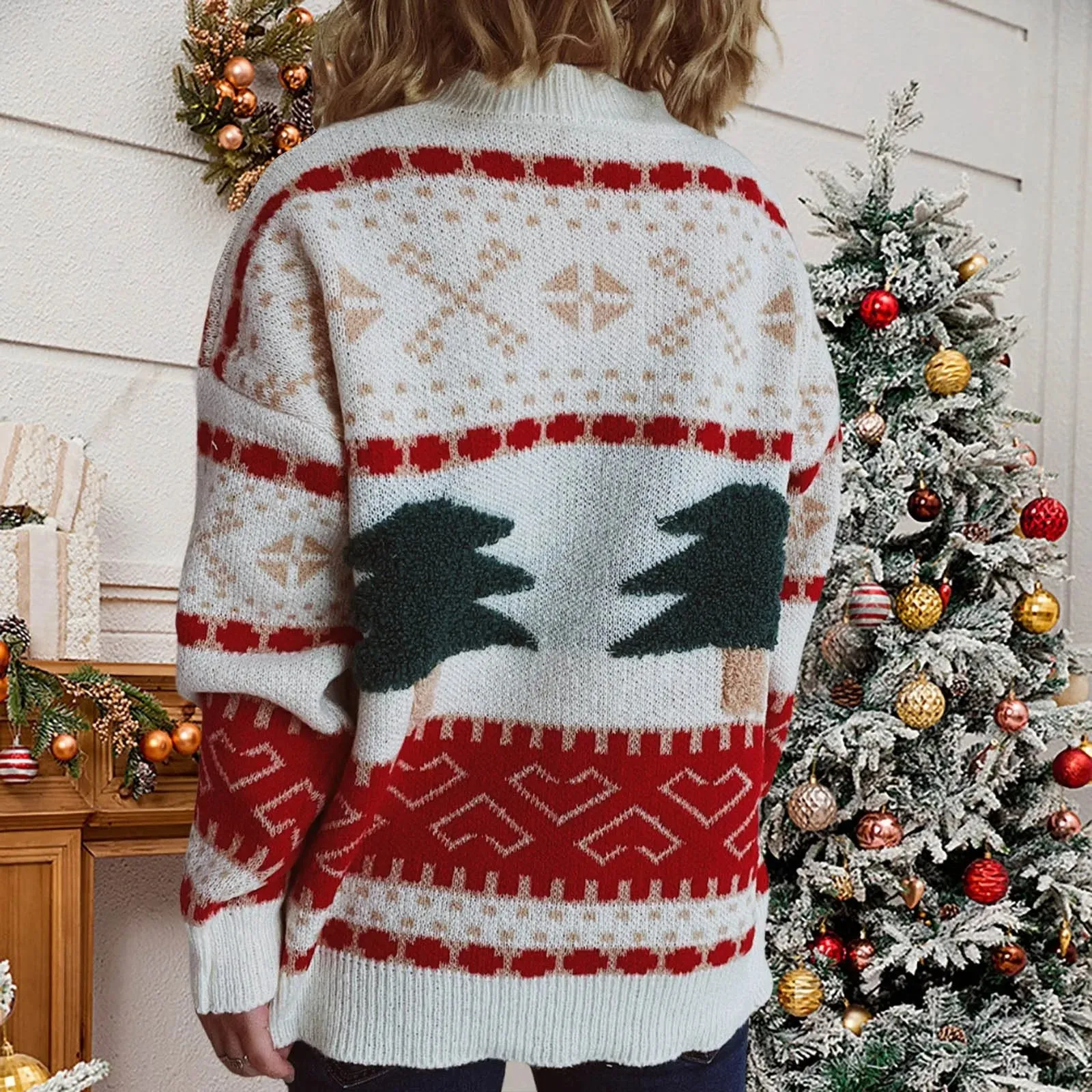 Wenkouban-Christmas Thanksgiving outfits_Fashion Tree Embroidery Casual Loose Retro Green Christmas Christmas Sweater