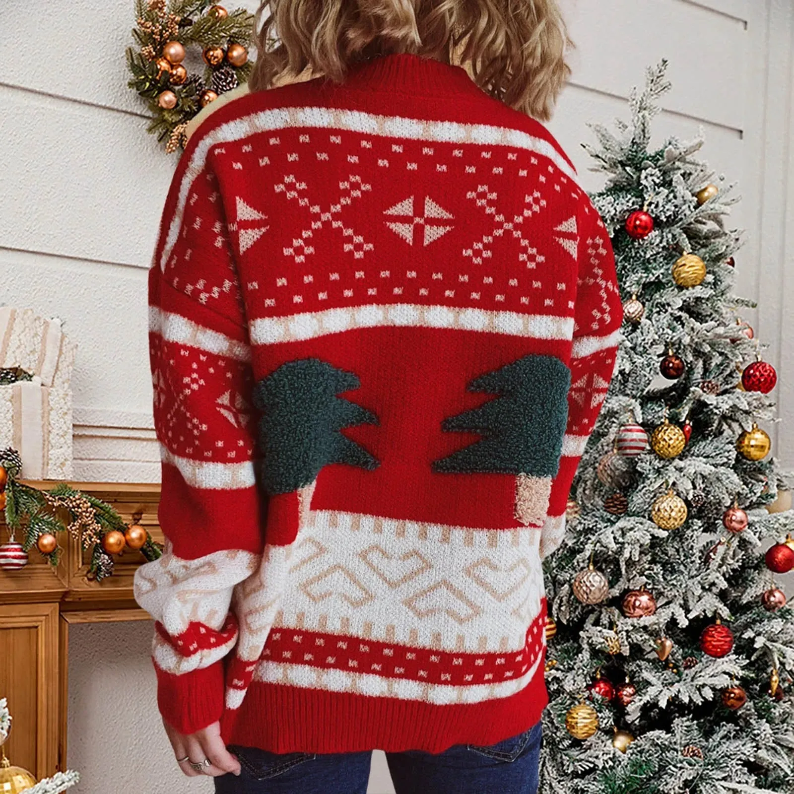 Wenkouban-Christmas Thanksgiving outfits_Fashion Tree Embroidery Casual Loose Retro Green Christmas Christmas Sweater