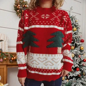 Wenkouban-Christmas Thanksgiving outfits_Fashion Tree Embroidery Casual Loose Retro Green Christmas Christmas Sweater