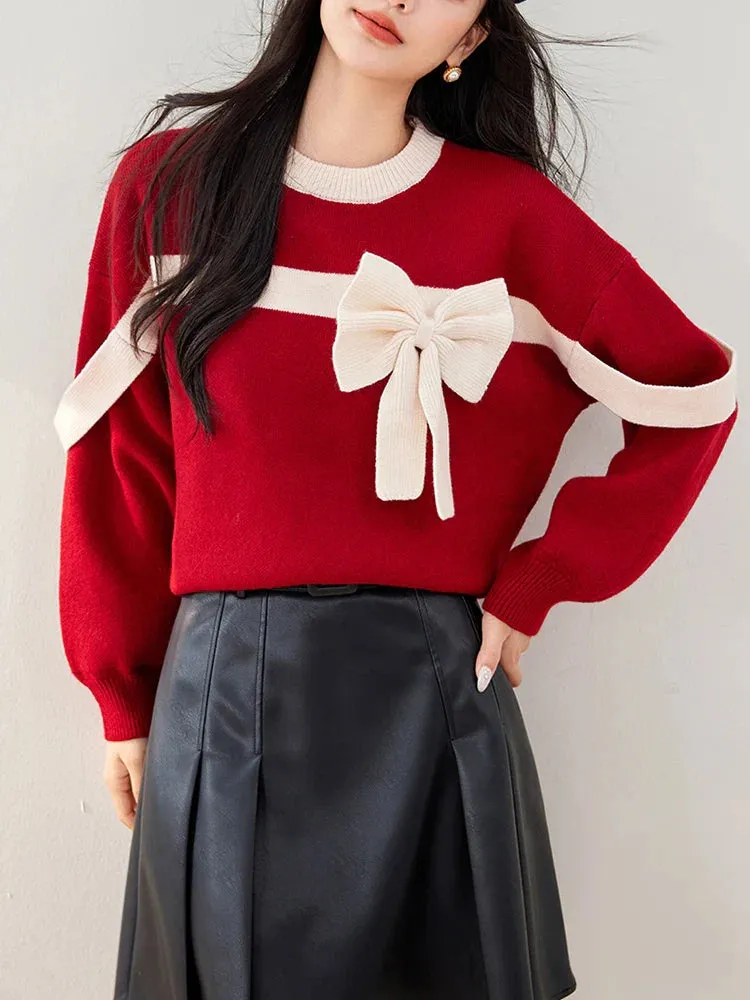 Wenkouban-Christmas Thanksgiving outfits_Oversized Red Bow Winter Patchwork Soft Long Sleeve Christmas Sweater