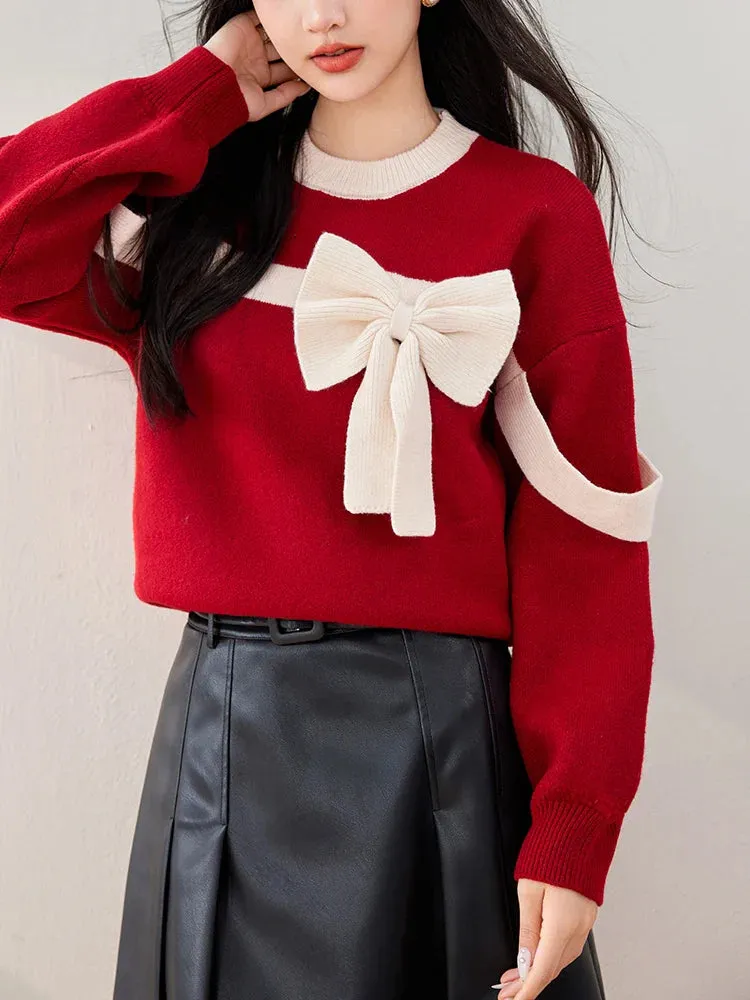 Wenkouban-Christmas Thanksgiving outfits_Oversized Red Bow Winter Patchwork Soft Long Sleeve Christmas Sweater