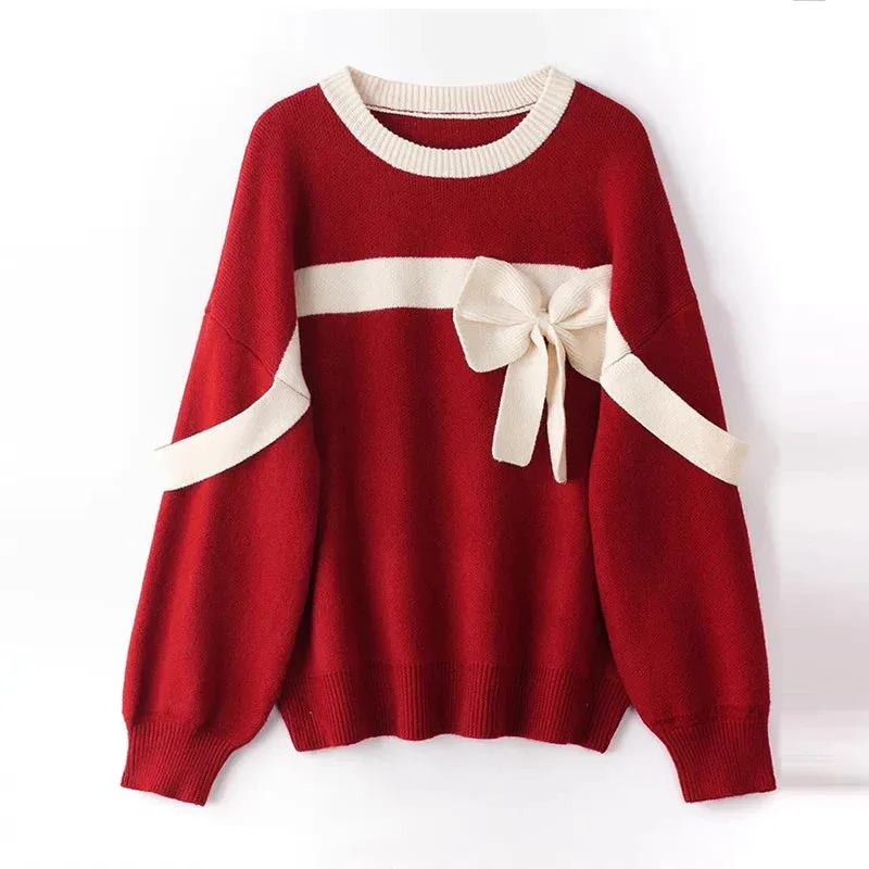 Wenkouban-Christmas Thanksgiving outfits_Oversized Red Bow Winter Patchwork Soft Long Sleeve Christmas Sweater