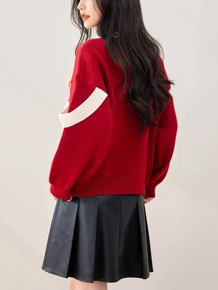 Wenkouban-Christmas Thanksgiving outfits_Oversized Red Bow Winter Patchwork Soft Long Sleeve Christmas Sweater