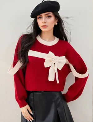 Wenkouban-Christmas Thanksgiving outfits_Oversized Red Bow Winter Patchwork Soft Long Sleeve Christmas Sweater