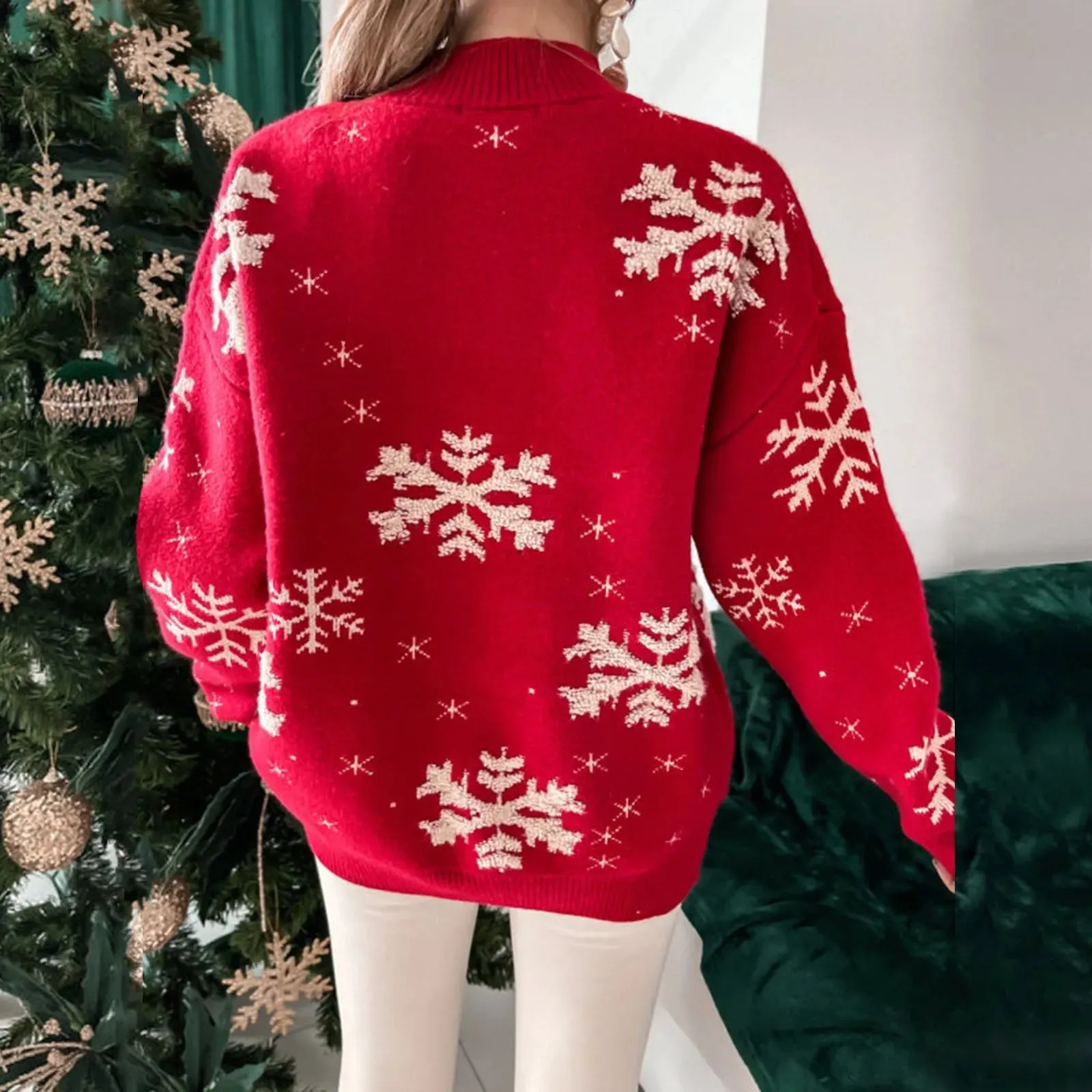 Wenkouban-Christmas Thanksgiving outfits_Snowflake Print Oversized Loose Warm Thicken Jumper Christmas Sweater