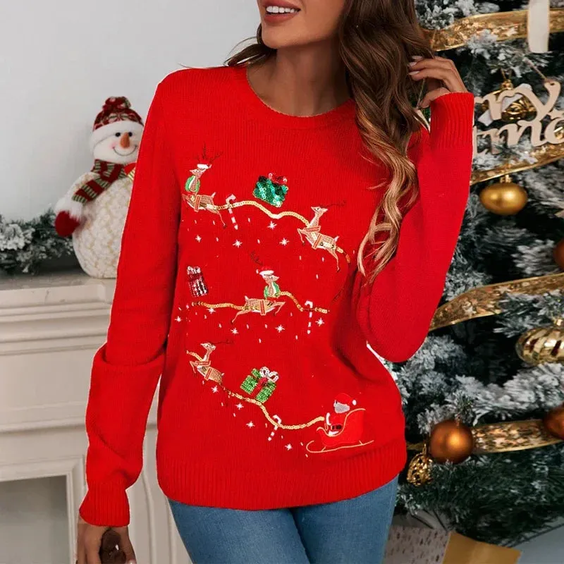 Wenkouban-Christmas Thanksgiving outfits_Trendy Funny Cute Cartoon Elk Bear Sequins Party Long Sleeve Christmas Sweater